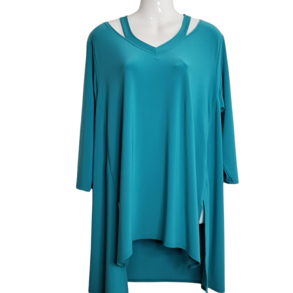 Sympli Tunic Women's Size 16 Cut Out Neckline 3/4 Sleeves Jersey Teal Green